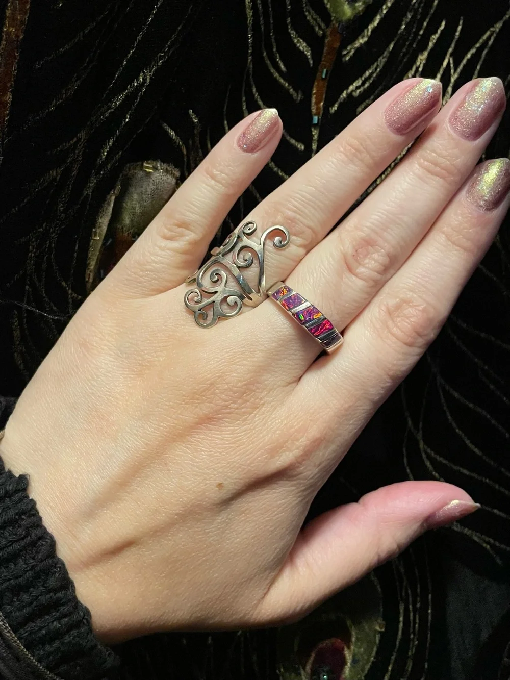 Pink Purple Opal Inlay Vintage Sterling Ring